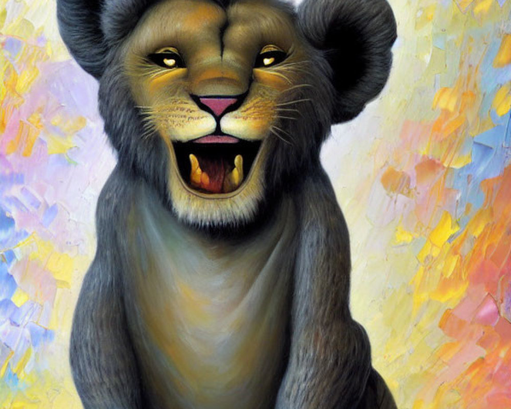 Colorful Smiling Lion Painting on Textured Background