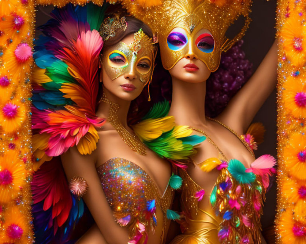 Colorful Carnival Masks and Costumes Amid Vibrant Flowers