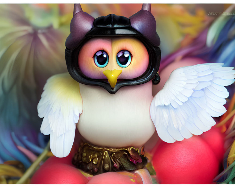 Colorful Owl Figurine with Multicolored Eyes and Black Helmet on Soft Hues Backdrop