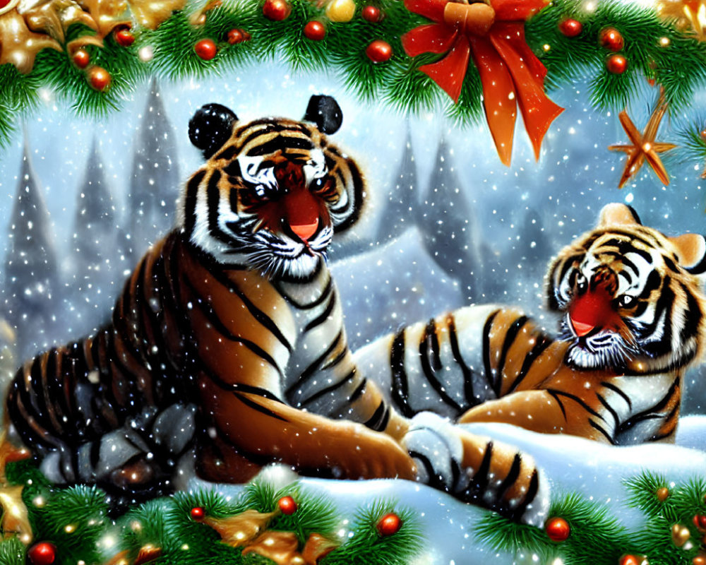 Illustrated tigers in snowflake scene with Christmas decorations.