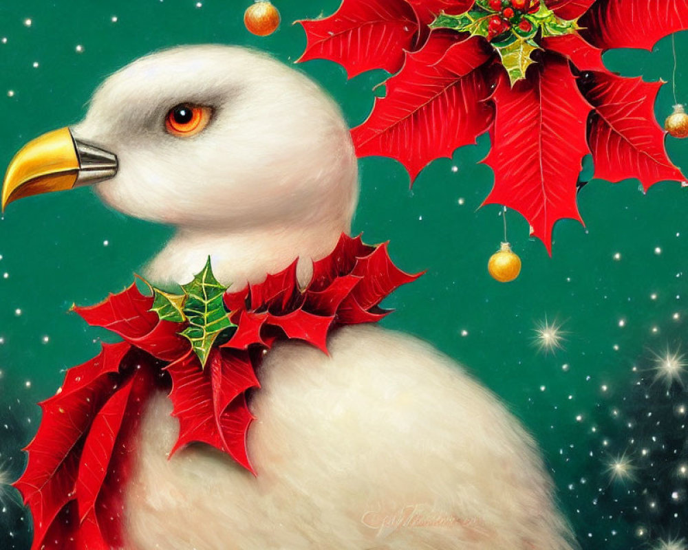 Whimsical eagle with festive poinsettia collar on starry green background