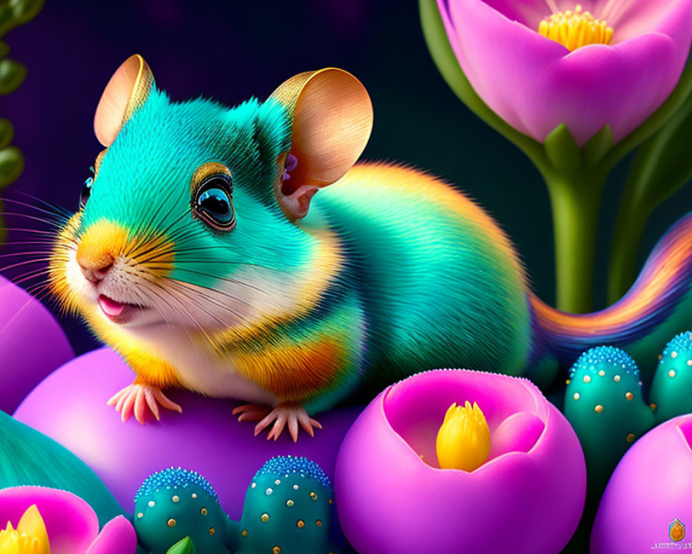 Vibrant digital artwork of a colorful mouse in a floral setting