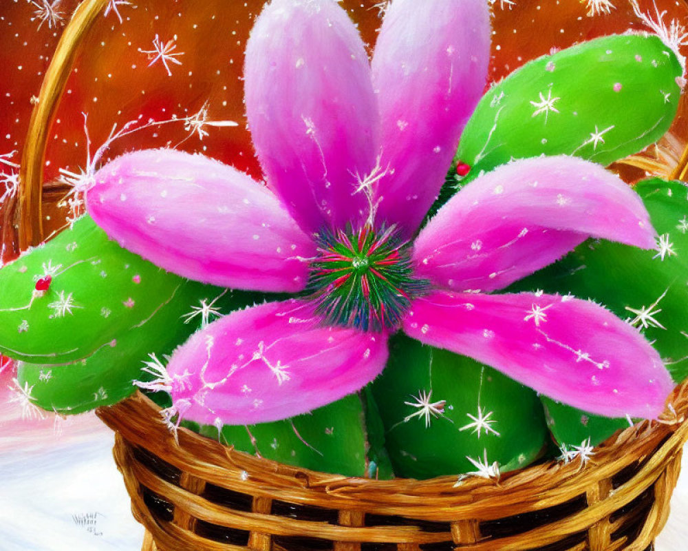 Colorful Pink Cactus Flower Painting on Green Cactus in Wicker Basket