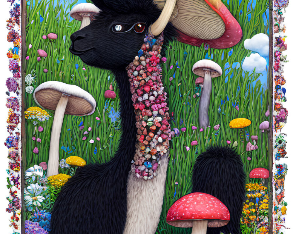 Whimsical black goat with flower beard in colorful mushroom field