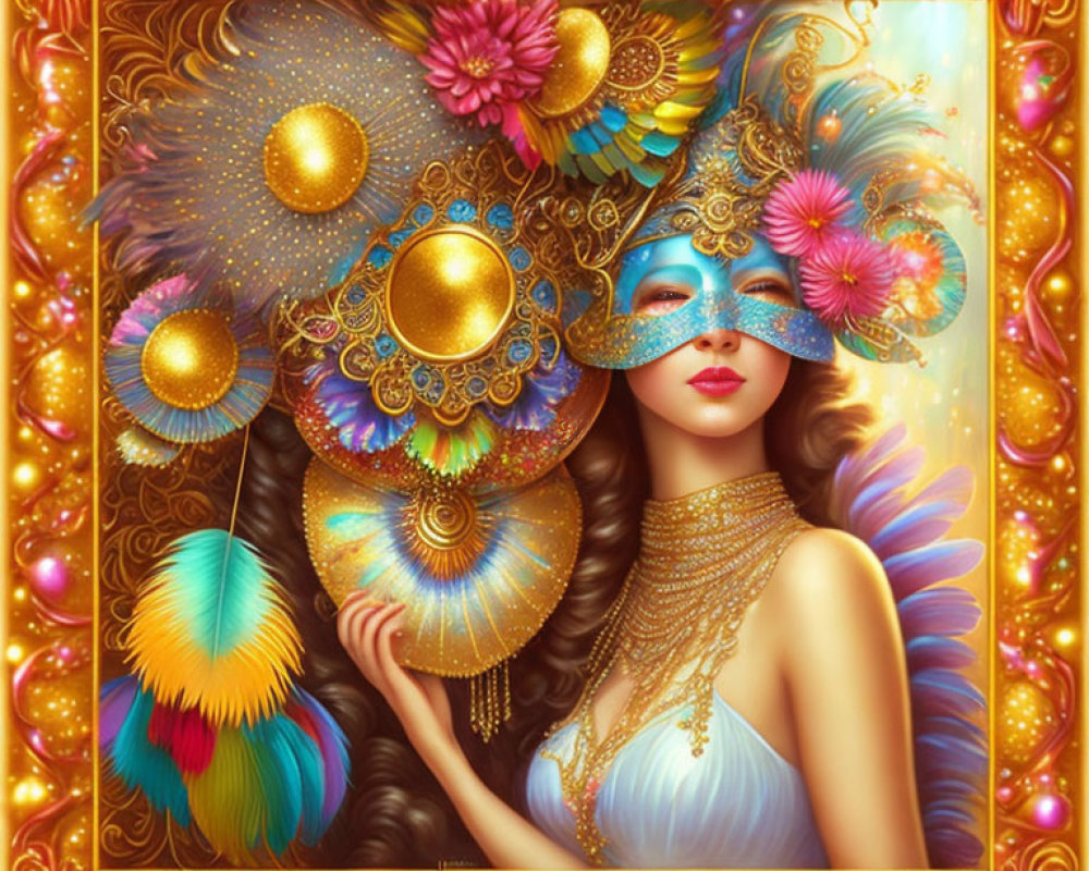 Colorful Feathered Mask Woman with Ornate Headdress & Golden Fan