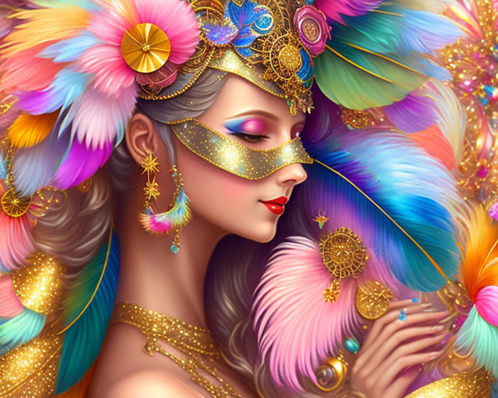 Vibrant woman illustration with masquerade mask and colorful feathers