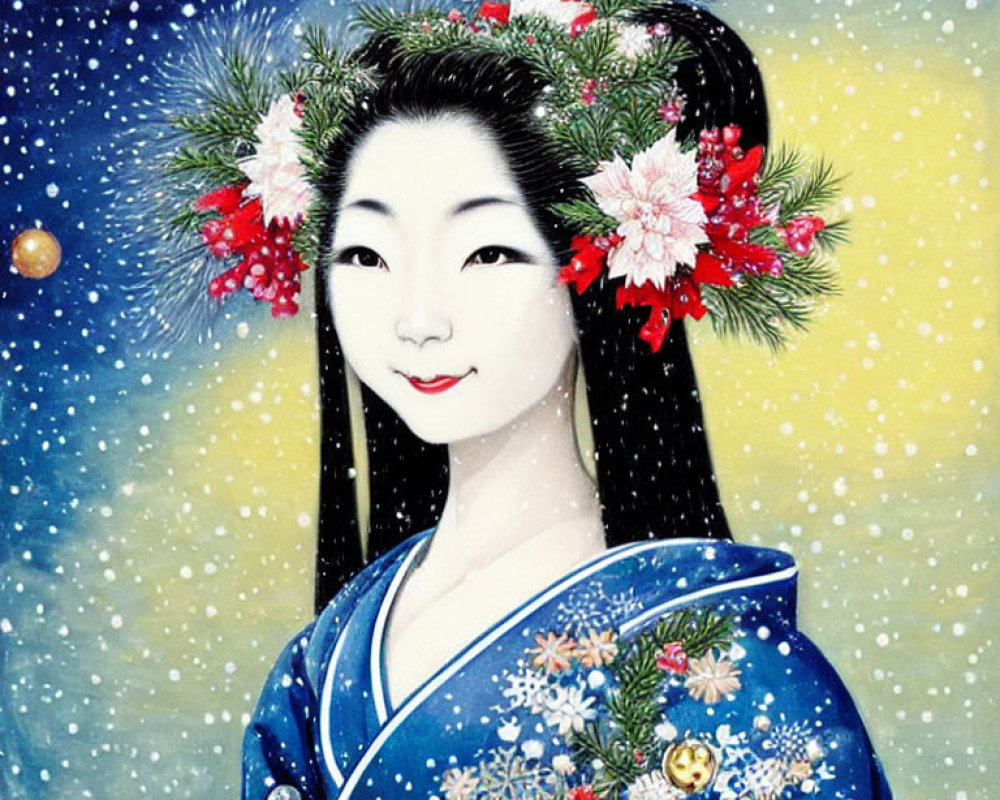 Traditional Japanese woman in blue kimono with floral hairstyle in snowy scene