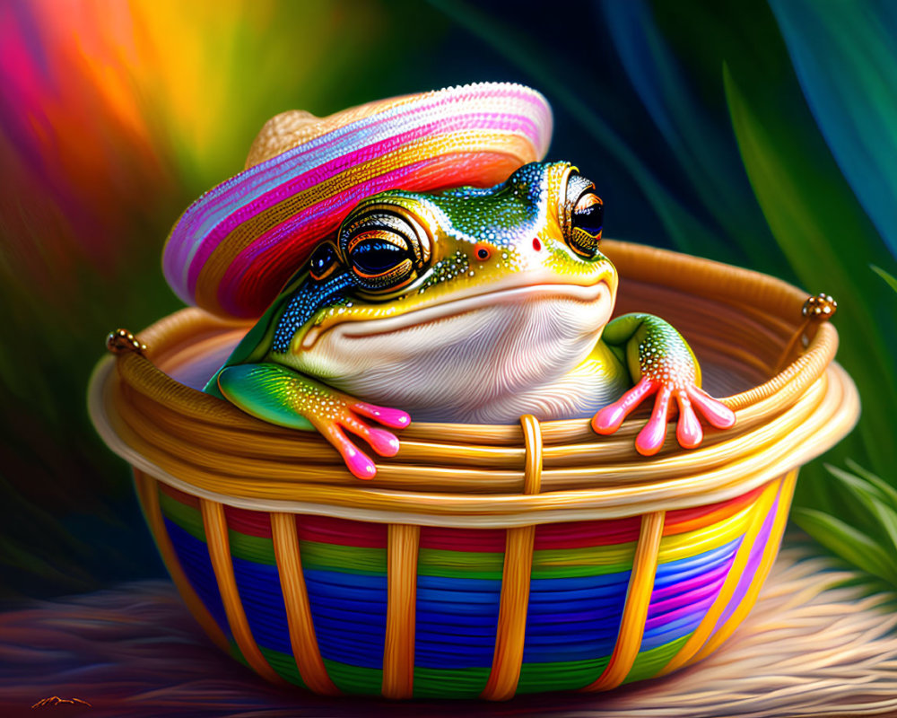 Colorful Frog in Striped Hat Sitting in Woven Basket amidst Tropical Foliage