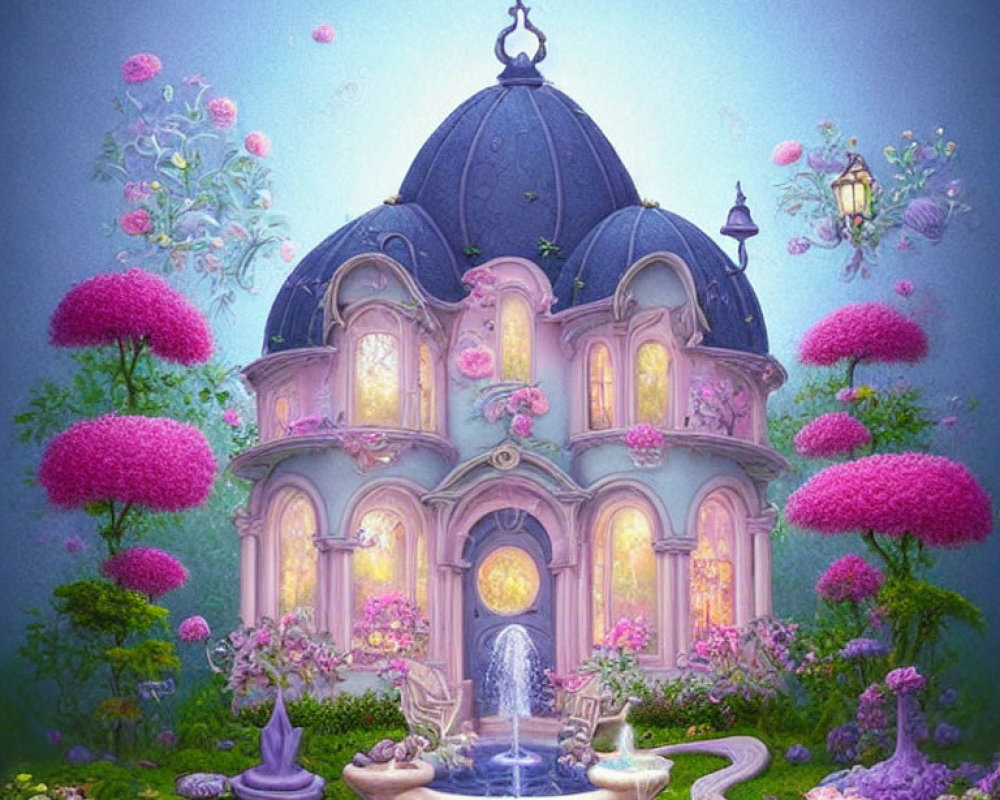 Enchanting fairy-tale castle with lush gardens at dusk