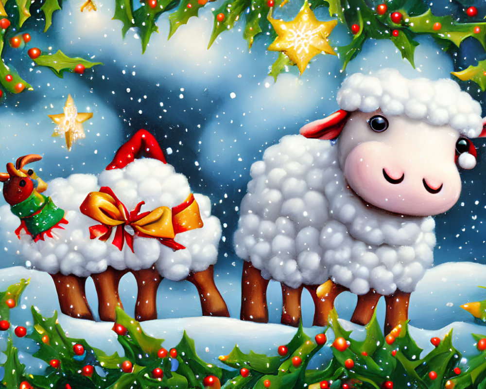 Festive illustration of fluffy sheep with holiday present and reindeer in snowy scene