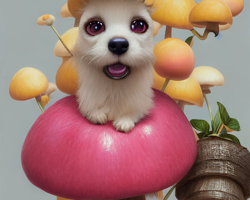 Colorful Fantasy Mushroom Environment with Happy Dog Illustration