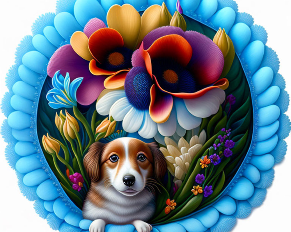 Brown and White Dog with Flowers in Scalloped Blue Border