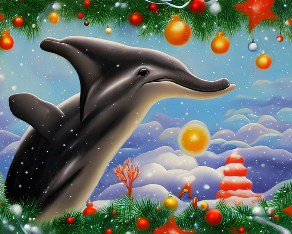 Dolphin jumping in winter holiday scene with snowflakes, snowman, and fir branches