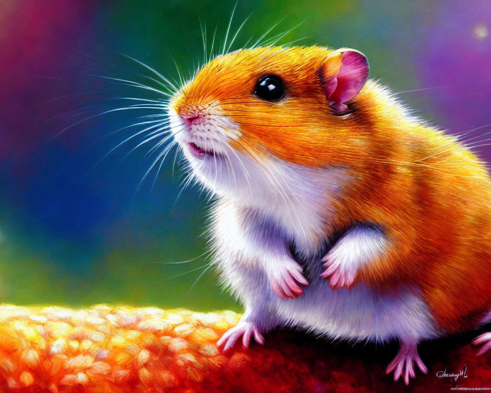 Detailed chubby hamster artwork with warm palette and textured fur on colorful background