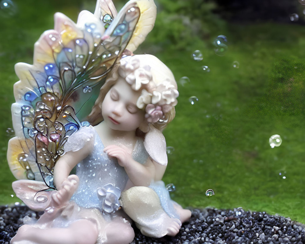 Sleeping fairy figurine with intricate wings and floral details on black pebbles.