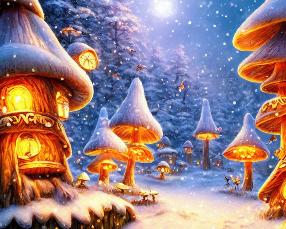 Winter night scene with illuminated mushroom houses and falling snowflakes
