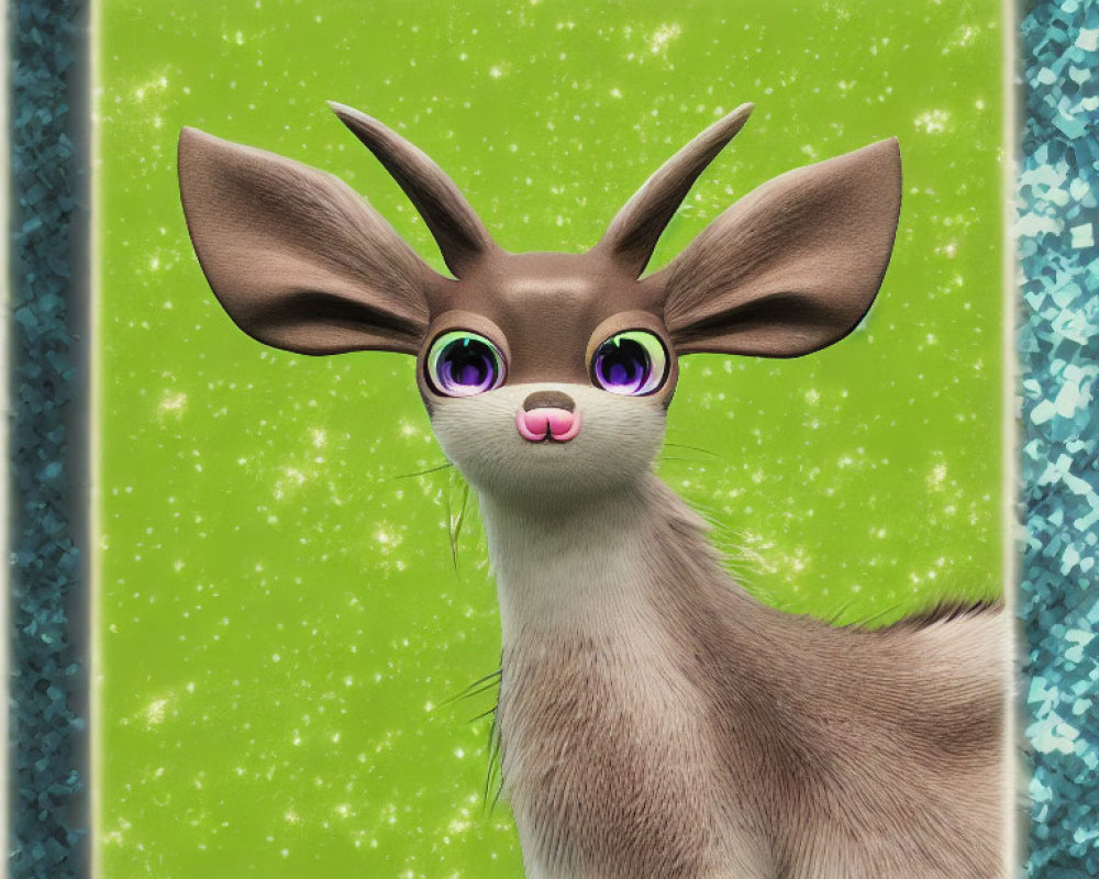 Brown fawn with big ears on sparkly green background
