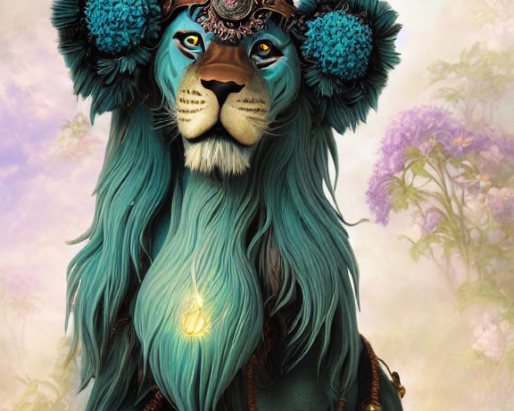 Majestic lion illustration with blue eyes, teal mane, crown, pendant, and floral backdrop