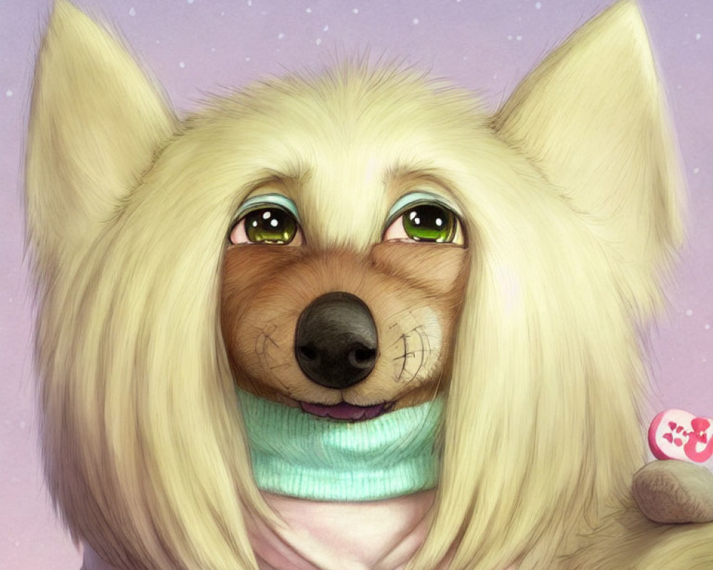 Fluffy cream-colored dog with green eyes in blue turtleneck holding pink toy