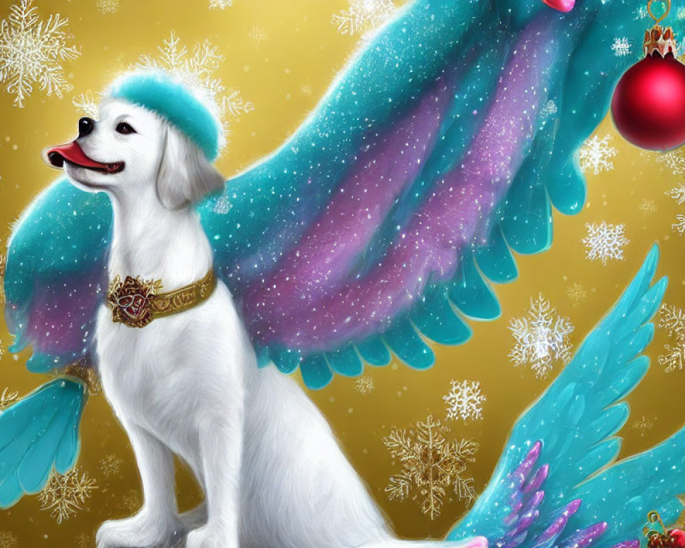 White Dog with Angelic Wings and Santa Hat on Golden Christmas Background