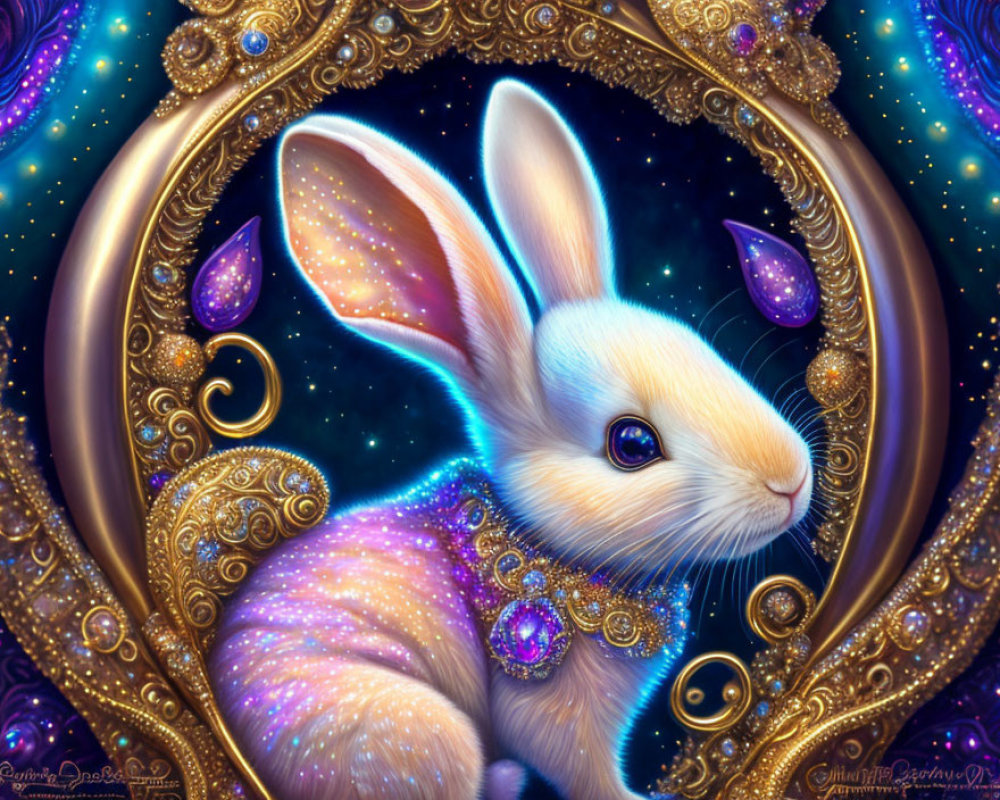 Detailed artwork: White rabbit in golden frame with cosmic background