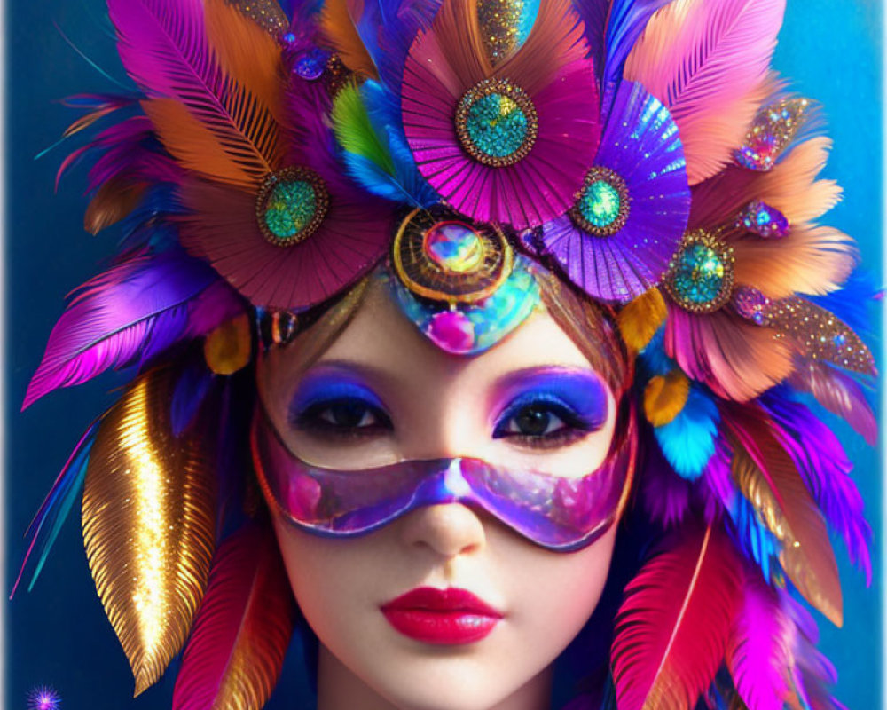 Colorful masquerade mask with feathers and makeup on person against blue backdrop