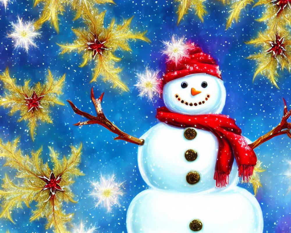 Cheerful snowman in red scarf and hat with golden snowflakes on blue sky