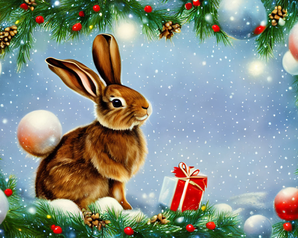 Brown Rabbit with Red Gift in Christmas Wreath Scene