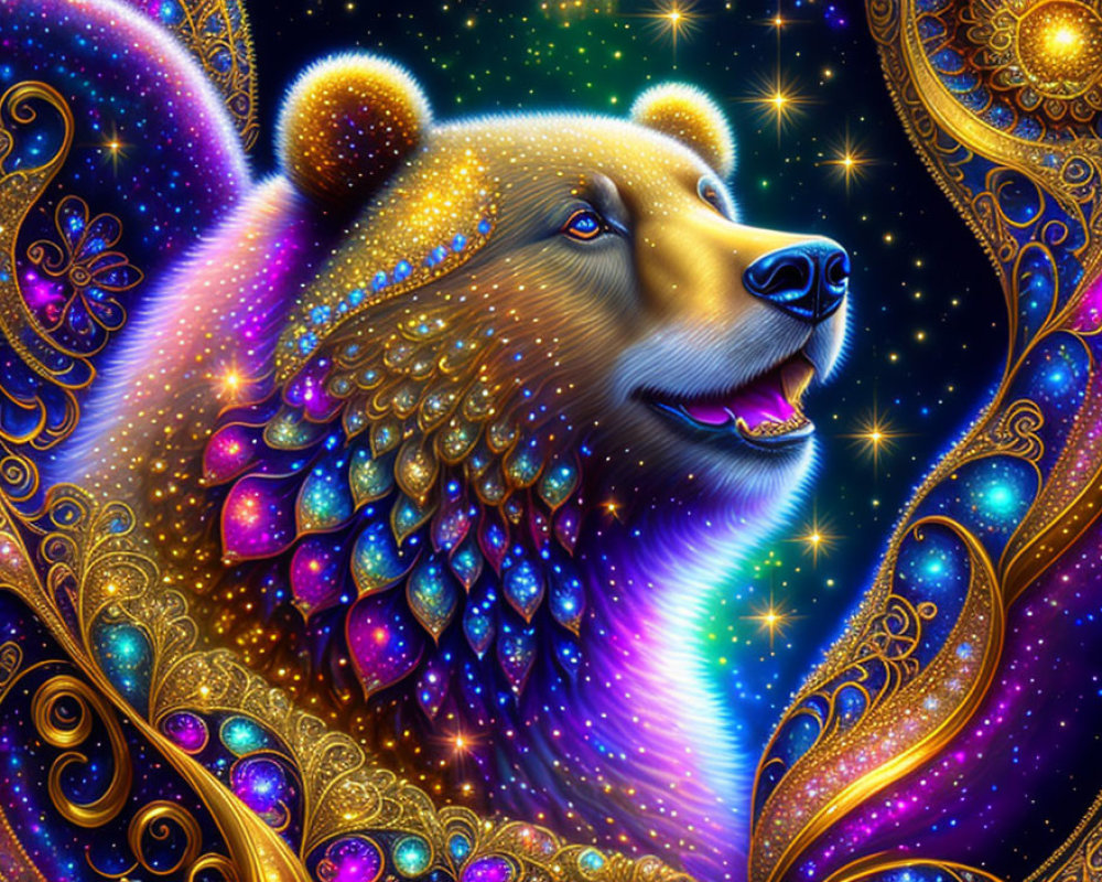 Colorful Bear Illustration on Stellar Background with Cosmic Elements