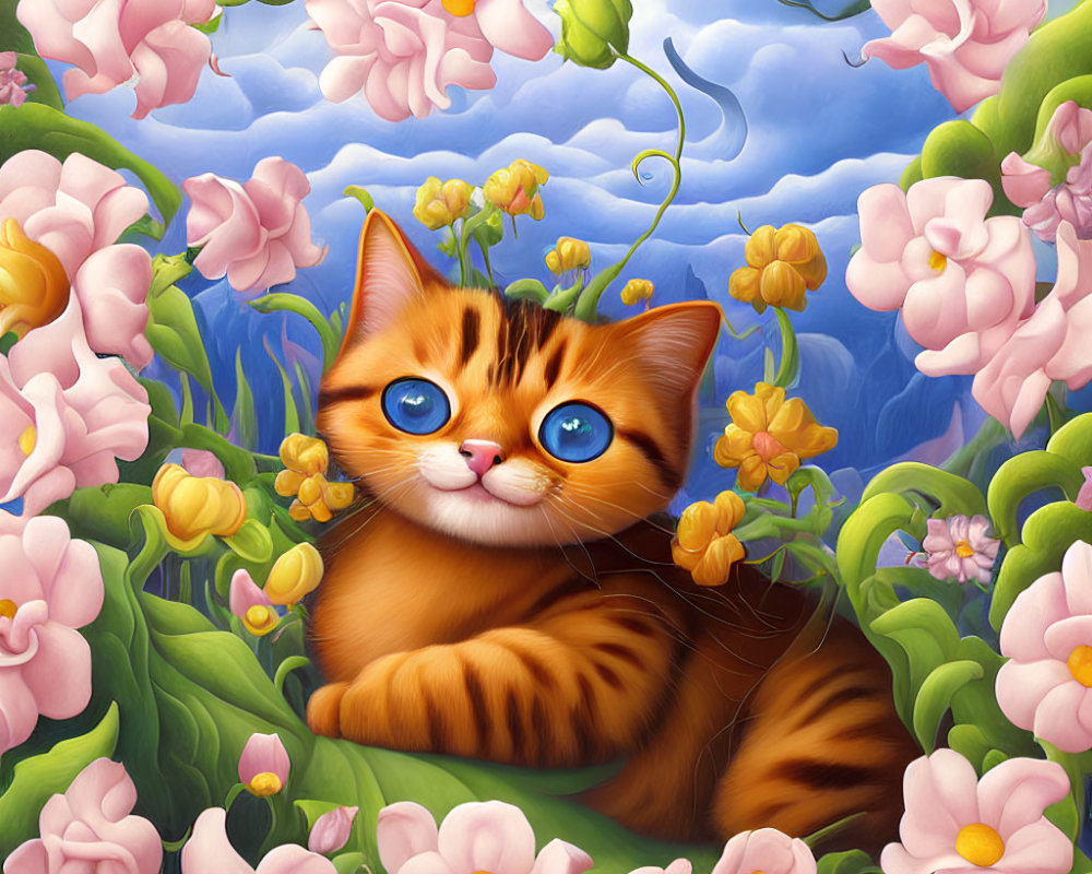 Orange Tabby Cat with Blue Eyes Surrounded by Pink and Yellow Flowers
