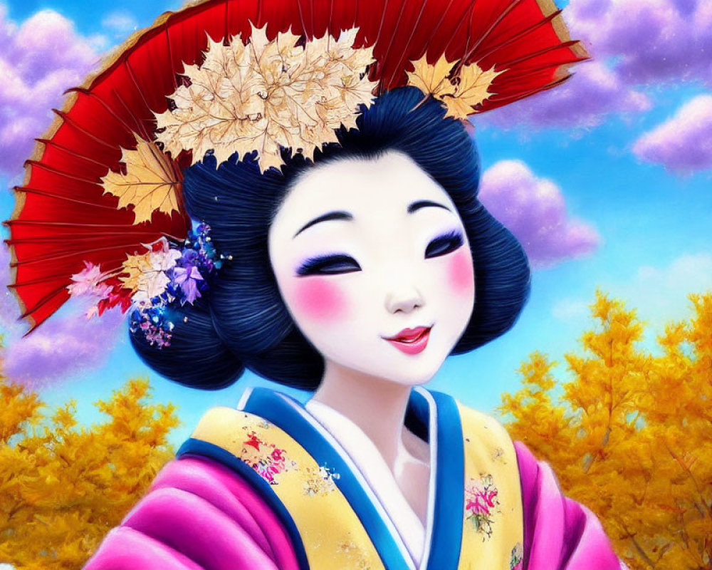 Illustrated geisha in colorful kimono with red fan under blue sky