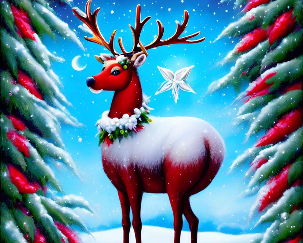 Colorful Reindeer with Garland in Snowy Forest