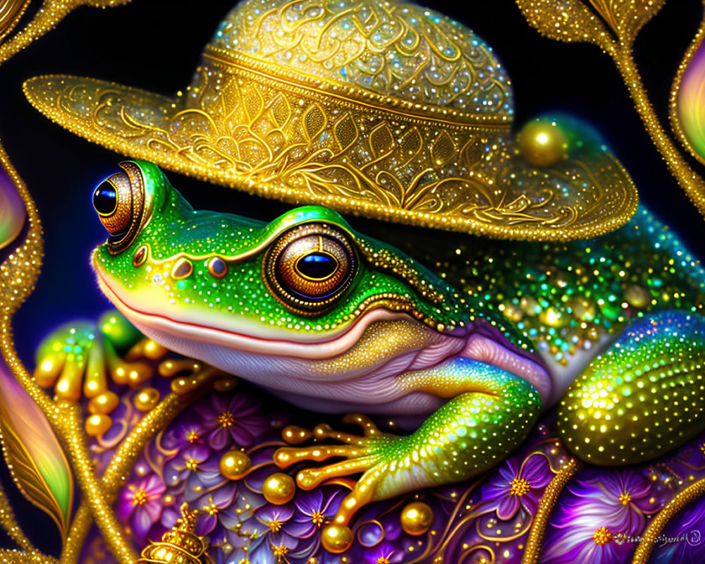 Colorful Frog Illustration with Golden Sombrero on Ornate Background