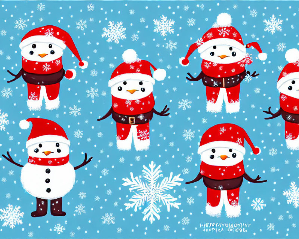 Cartoon snowmen in red hats and scarves on blue snowflake background