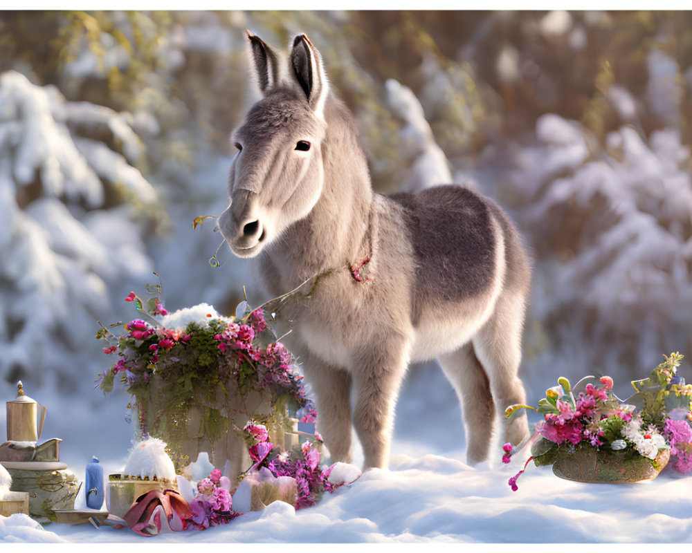 Serene donkey in snowy setting with colorful flowers, kerosene lamp, and books