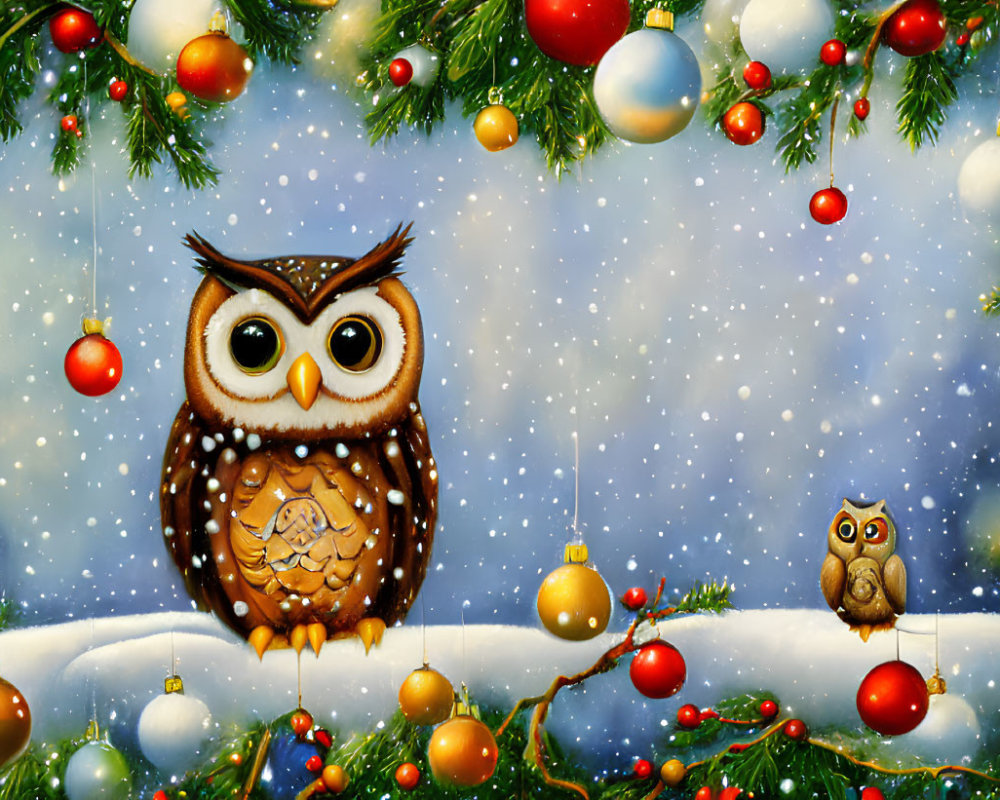 Illustrated Owls on Snowy Branches with Christmas Ornaments