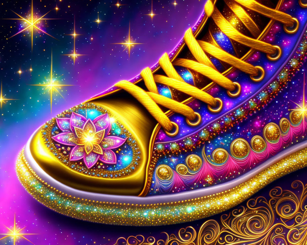 Illustration of Vibrant High-Top Sneaker with Cosmic Design