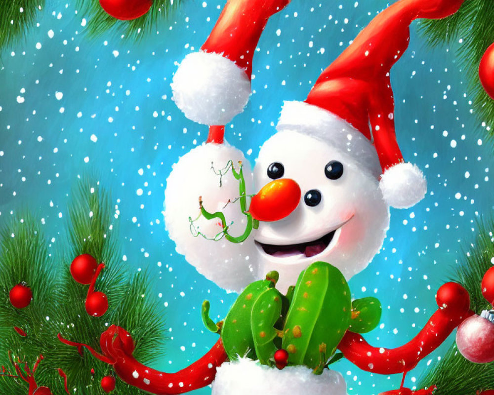 Cheerful snowman with Santa hat and red nose surrounded by Christmas ornaments and falling snowflakes