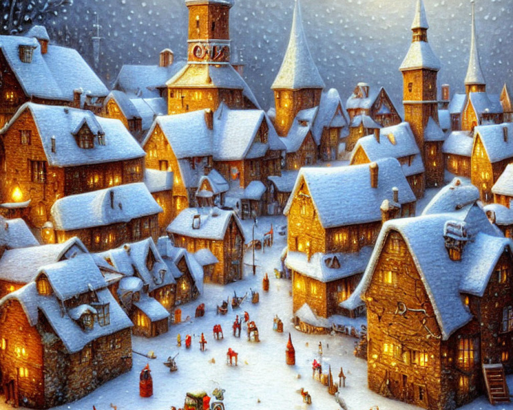 Snowy Winter Village Night Scene with Horse-Drawn Sleigh