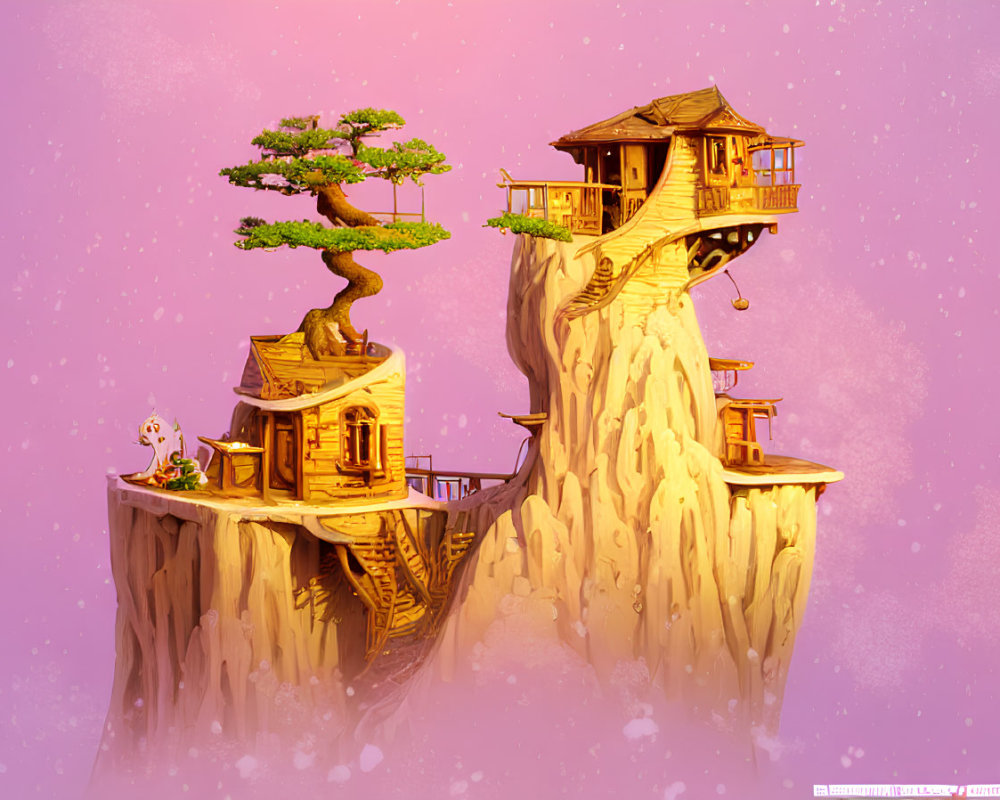 Treehouse on tall rock with bunny-like creature and bonsai tree.