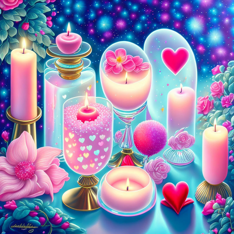 Colorful digital artwork of candles, hearts, flowers, and stones in a magical scene