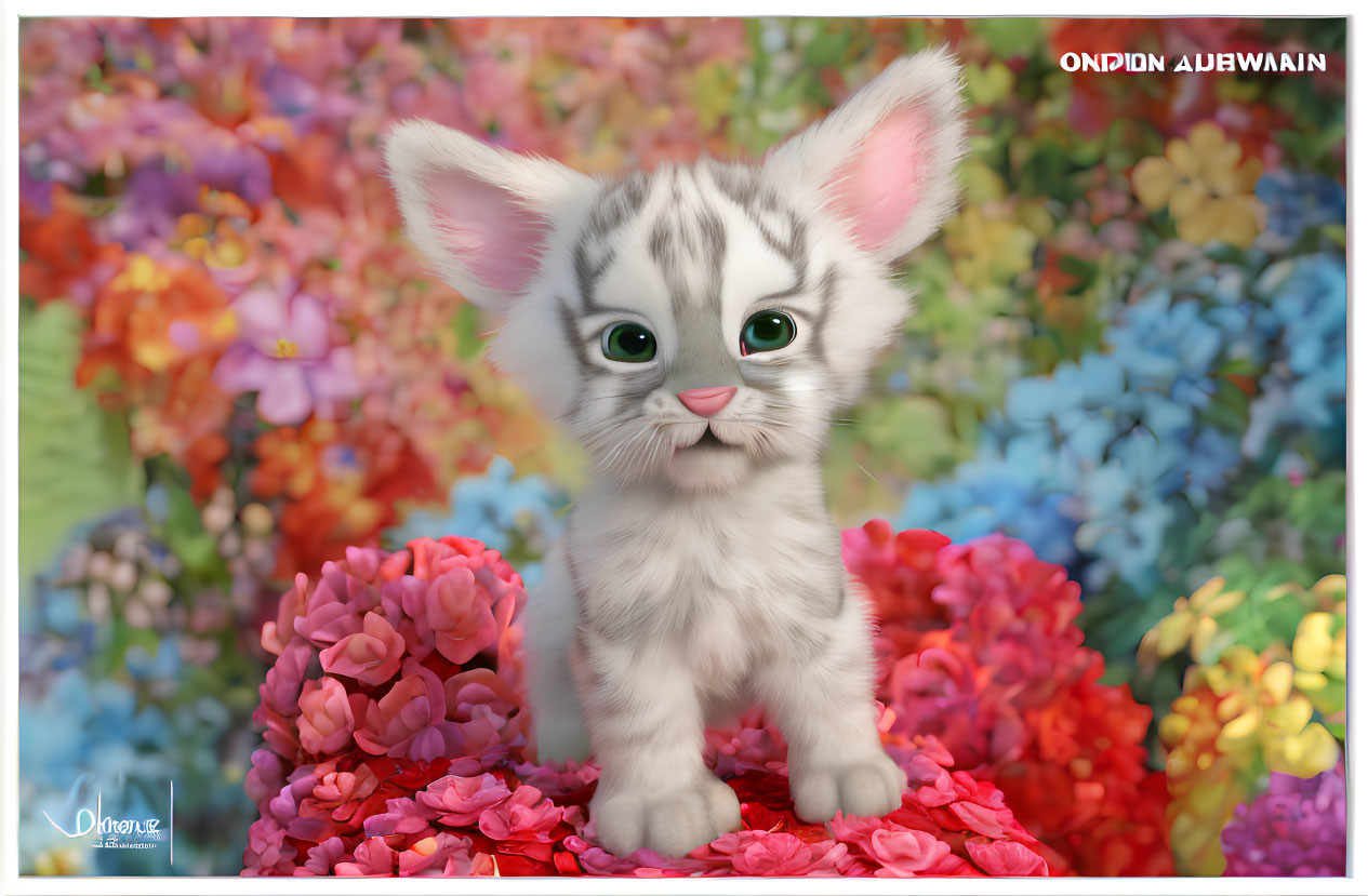 Fluffy kitten with green eyes in colorful flower setting