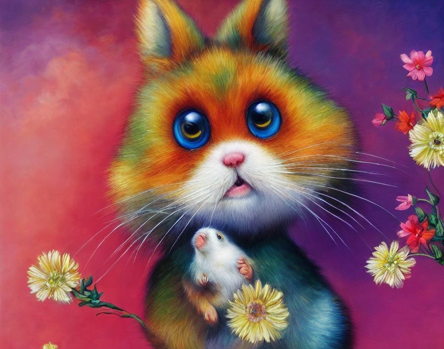 Whimsical cat painting with vibrant colors and flowers