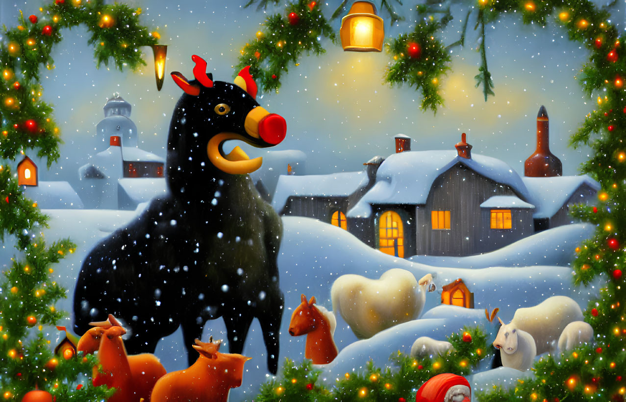 Whimsical winter scene with black bull in antlers and red nose among snowy rooftops, sheep