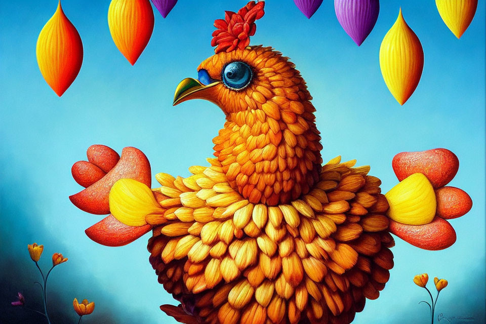 Colorful Whimsical Chicken Illustration on Blue Background