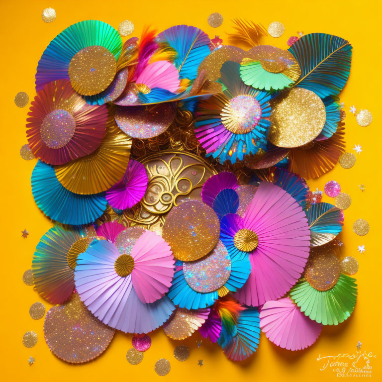 Colorful Paper Fans and Glitter Circles on Yellow Background