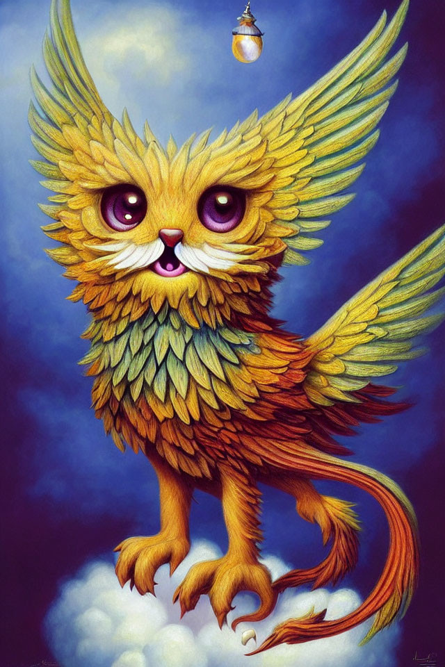 Fantastical creature with fluffy cat features, large expressive eyes, feathered wings, and lions'