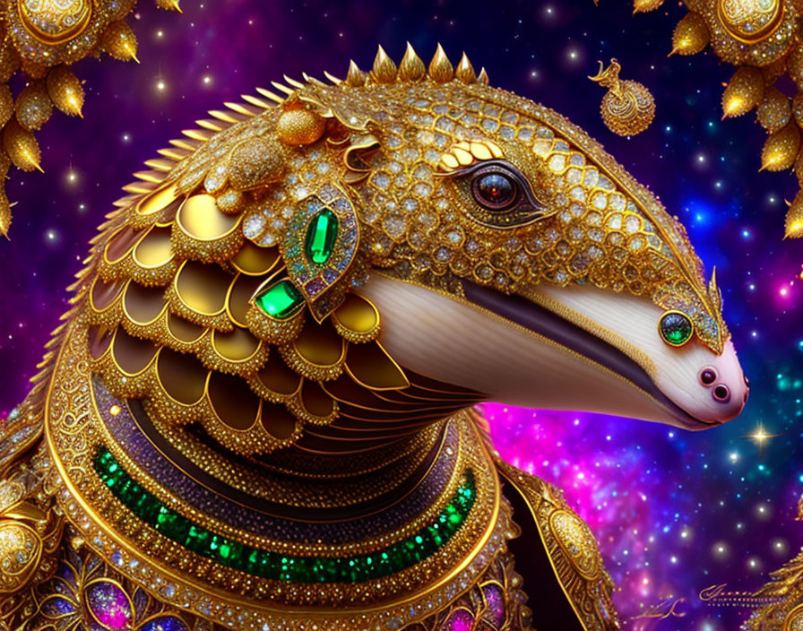 Ornate golden armadillo digital art on cosmic purple background
