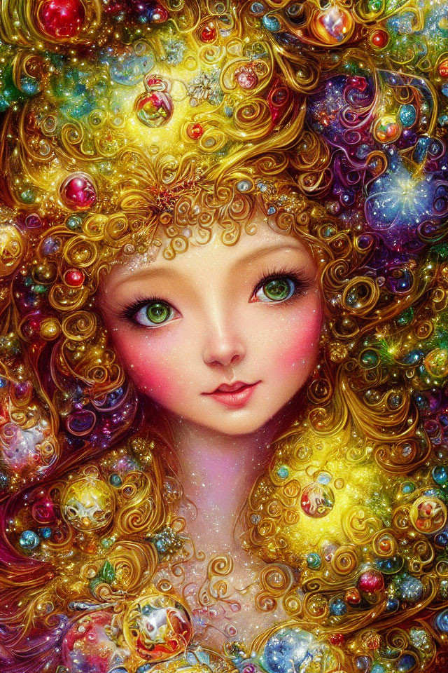 Colorful Portrait of Girl with Golden Curly Hair in Cosmic Setting