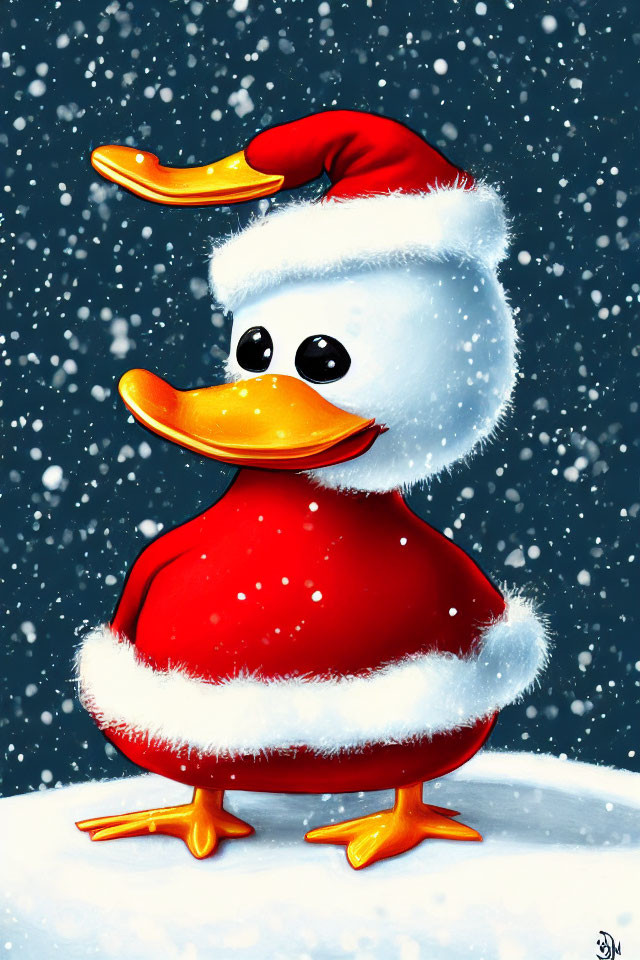 Festive cartoon duck in Santa outfit with snow scene